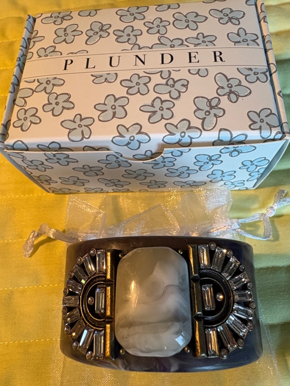 Plunder Gray Resin Cuff Bracelet with White Marbled Stone and Gold Accents $29